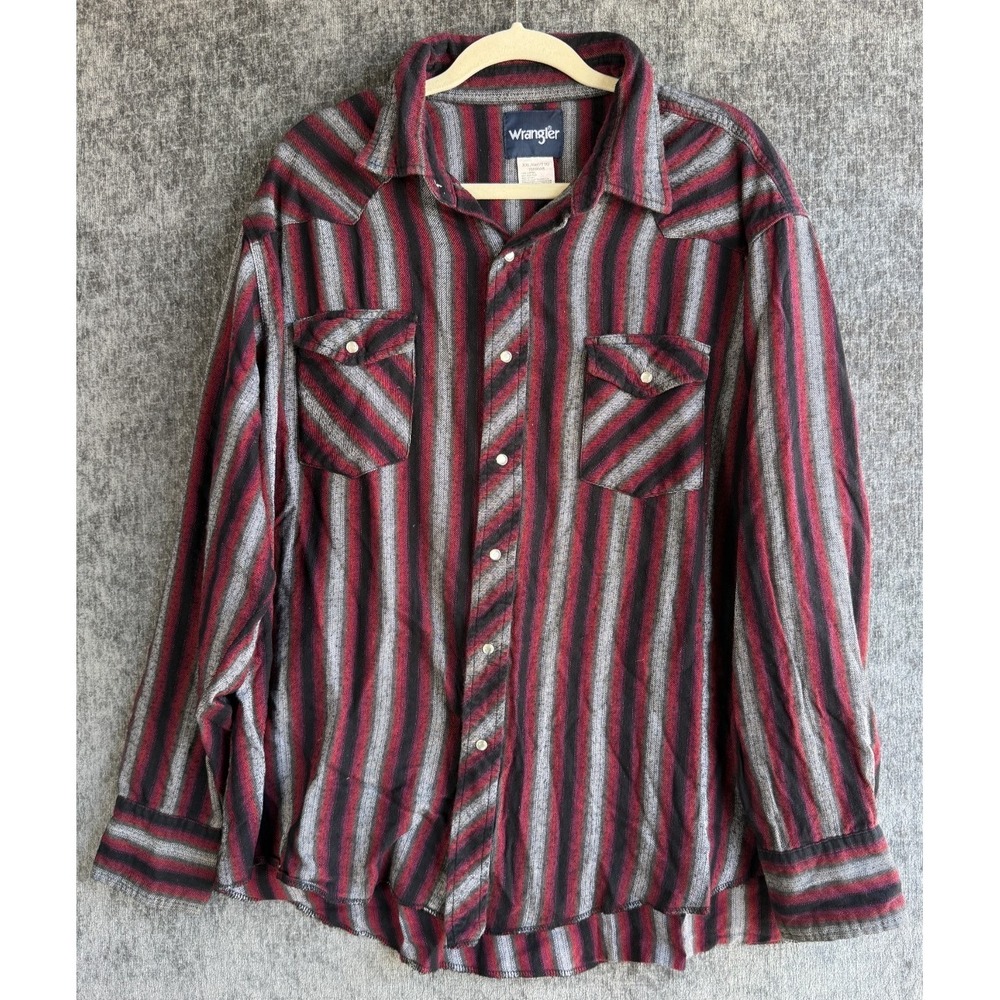 Wrangler Western Shirt Mens XXL Red Black Gray Striped Pearl Snap Flannel